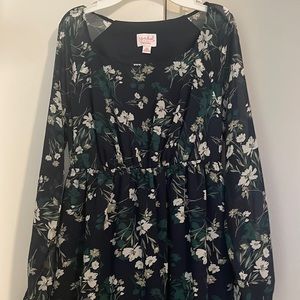 Navy blue floral chiffon Long sleeve maxi dress